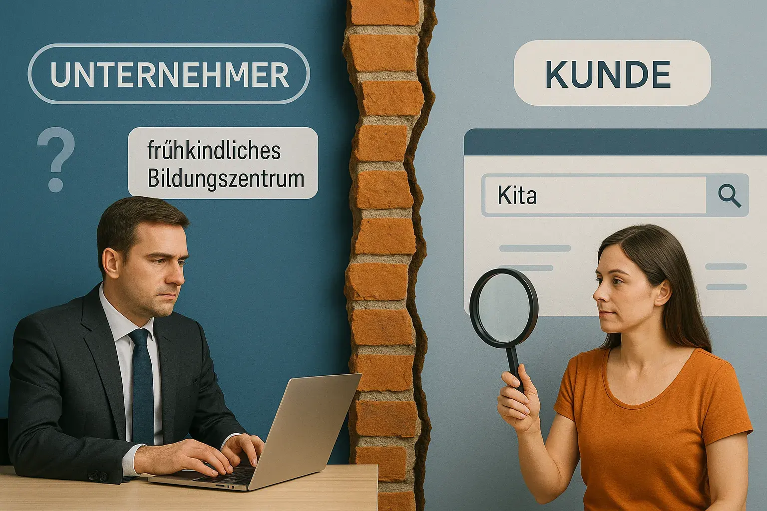 Sprachbarriere im Marketing: Unternehmer und Kunden sprechen unterschiedliche Sprachen - Visualisierung der Kommunikationslücke zwischen Fachbegriffen und Kundensprache